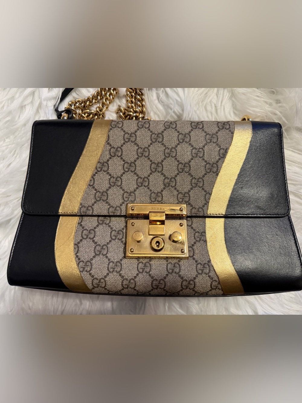 Gucci Calfskin GG Supreme Monogram Medium Padlock Shoulder Bag Black Gold